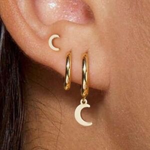 NEW 14K Gold Plated Gold Crescent Moon Huggie Earrings Set